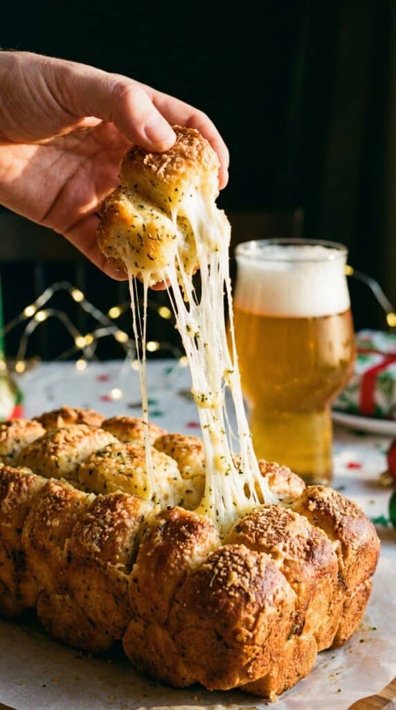 A close-up of a hand pulling a piece of garlic monkey bread away from the ring, creating a long, gooey cheese stretch.