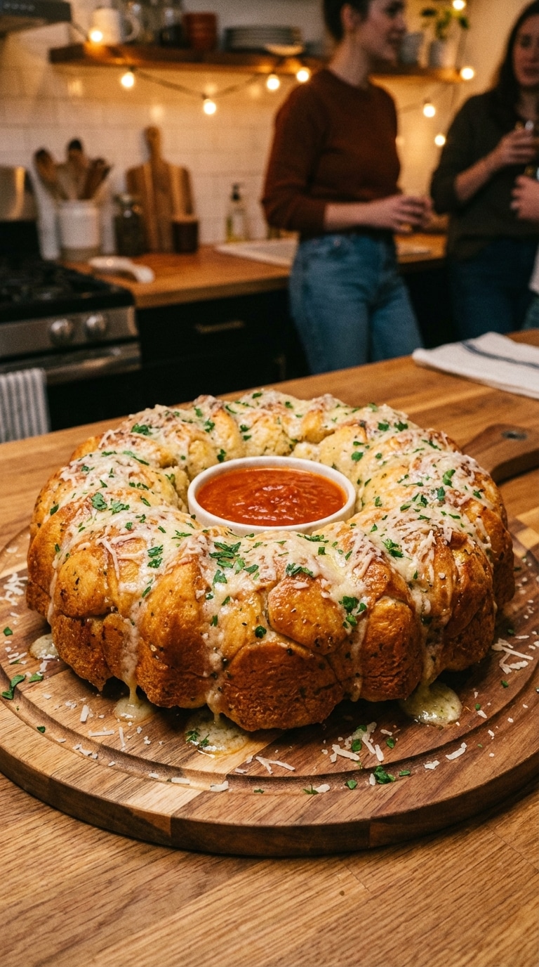 A golden-brown ring of pull-apart garlic parmesan bread on a wooden board with a bowl of marinara sauce in the center.