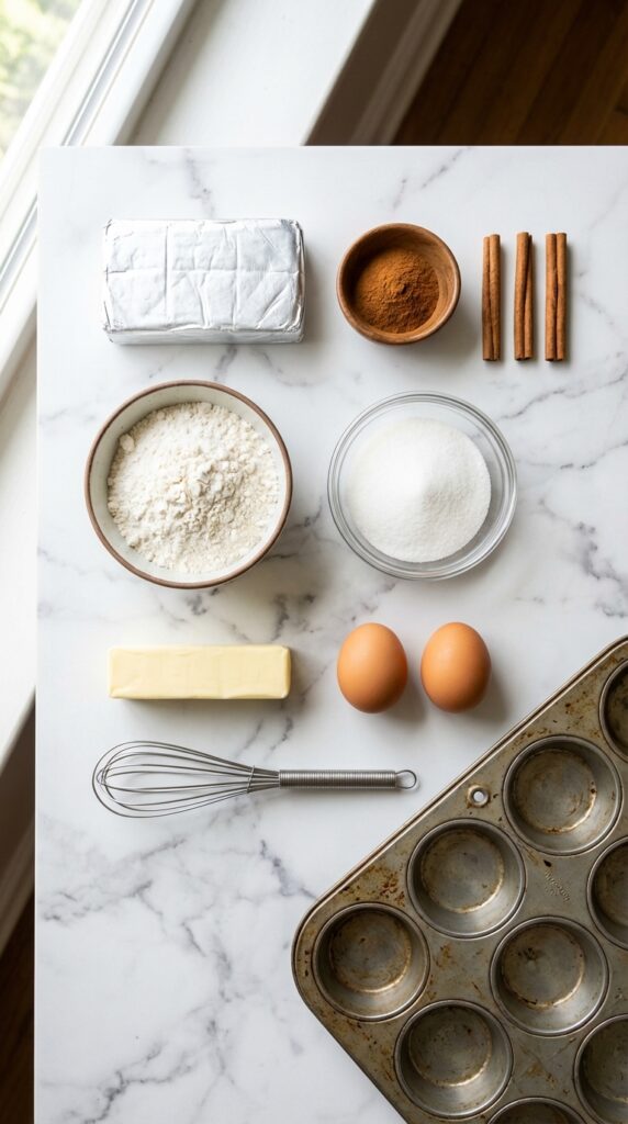 A flat lay showing cream cheese, ground cinnamon, cinnamon sticks, flour, eggs, and butter on a marble board next to a muffin tin.