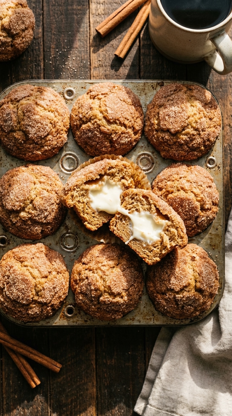 A top-down view of a muffin tin filled with tall cinnamon sugar muffins, with one cut in half showing a gooey white cream cheese center.
