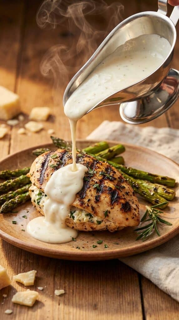 A close-up action shot of a silver pitcher pouring creamy white garlic parmesan sauce over a grilled stuffed chicken breast with grill marks.