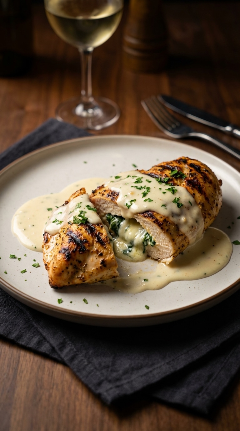 An elegant plate of grilled chicken with distinct grill marks, sliced to show a spinach and cheese stuffing, covered in a rich cream sauce.
