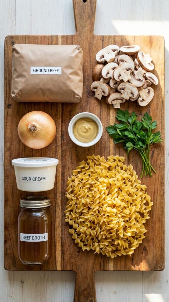A flat lay showing ground beef, sliced mushrooms, sour cream, egg noodles, beef broth, onion, and mustard on a wooden board.