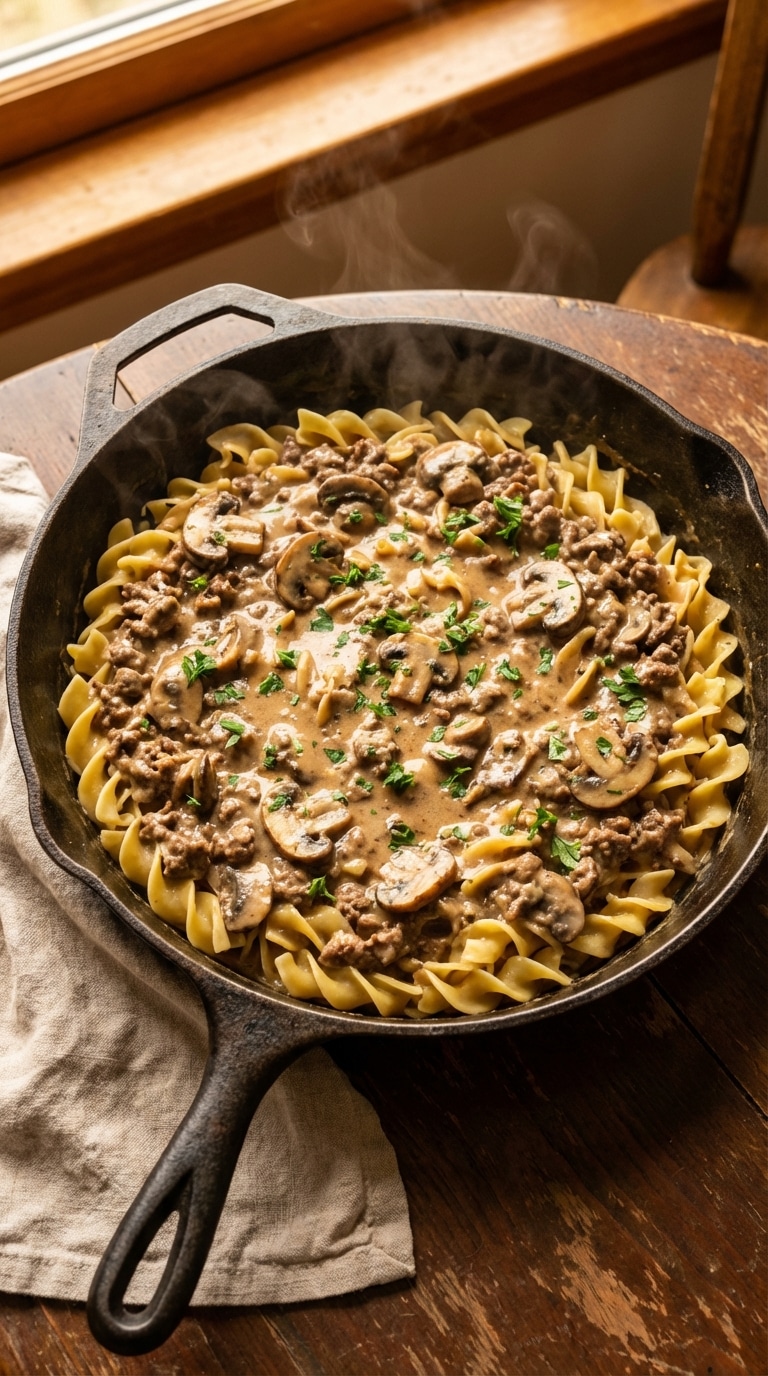 A top-down view of a cast iron skillet filled with creamy ground beef and mushroom stroganoff over wide egg noodles, garnished with parsley.