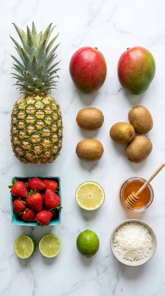 A flat lay showing a whole pineapple, mangoes, kiwis, strawberries, limes, honey, and shredded coconut on a marble board.