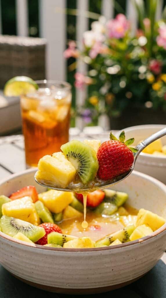 A close-up of a serving spoon lifting a scoop of juicy mixed tropical fruit and coconut from a bowl.