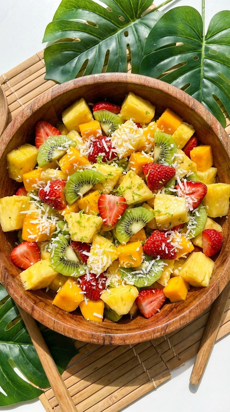 A top-down view of a wooden bowl overflowing with chopped pineapple, mango, kiwi, strawberries, and coconut with a glossy glaze.
