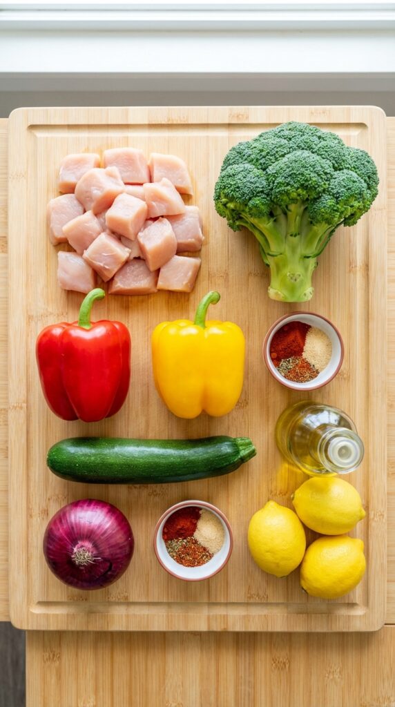 A flat lay showing raw cubed chicken, broccoli, bell peppers, zucchini, red onion, spices, and olive oil on a wooden board.