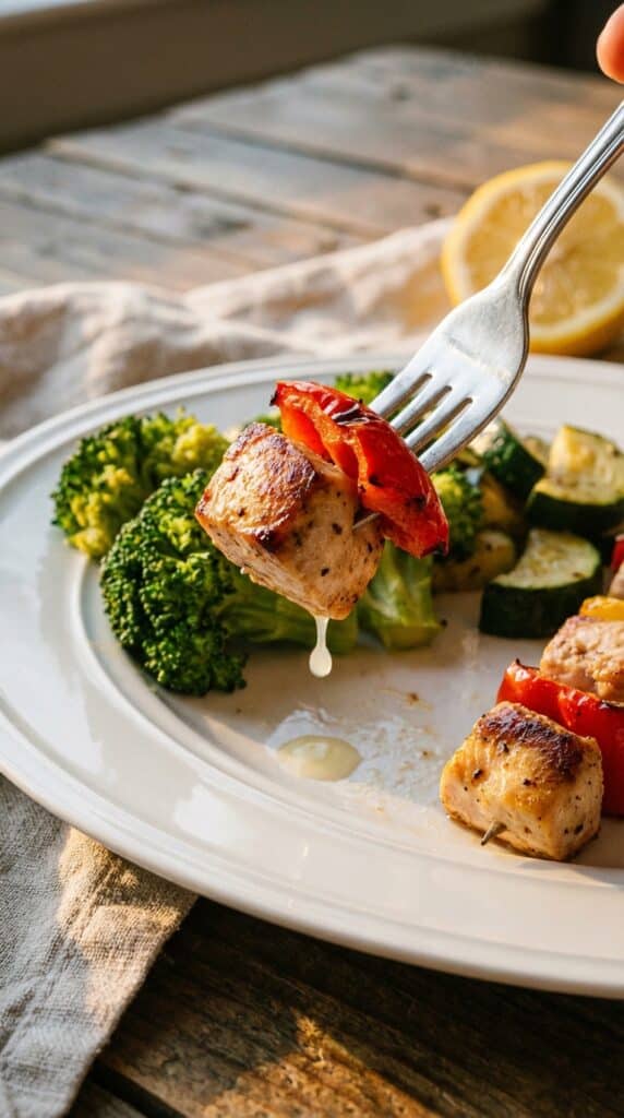 A close-up of a fork holding a piece of seared chicken and red bell pepper over a plate of healthy skillet vegetables.