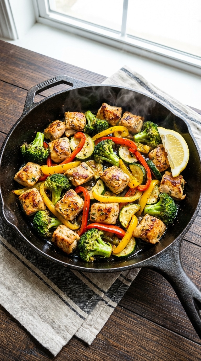 A top-down view of a cast-iron skillet filled with cooked chicken cubes, broccoli, bell peppers, and zucchini with a lemon wedge.