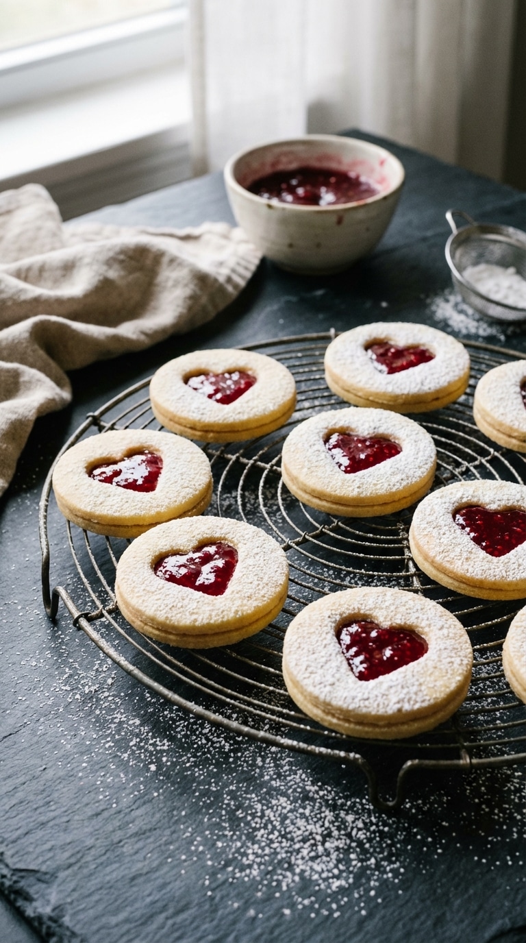 A close-up of a stack of powdered sugar-dusted shortbread cookies with a heart-shaped window showing bright red jam.