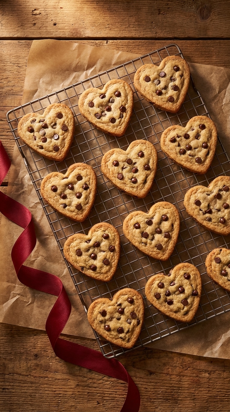A top-down view of heart-shaped chocolate chip cookies with melted chocolate chips on a wire cooling rack.
