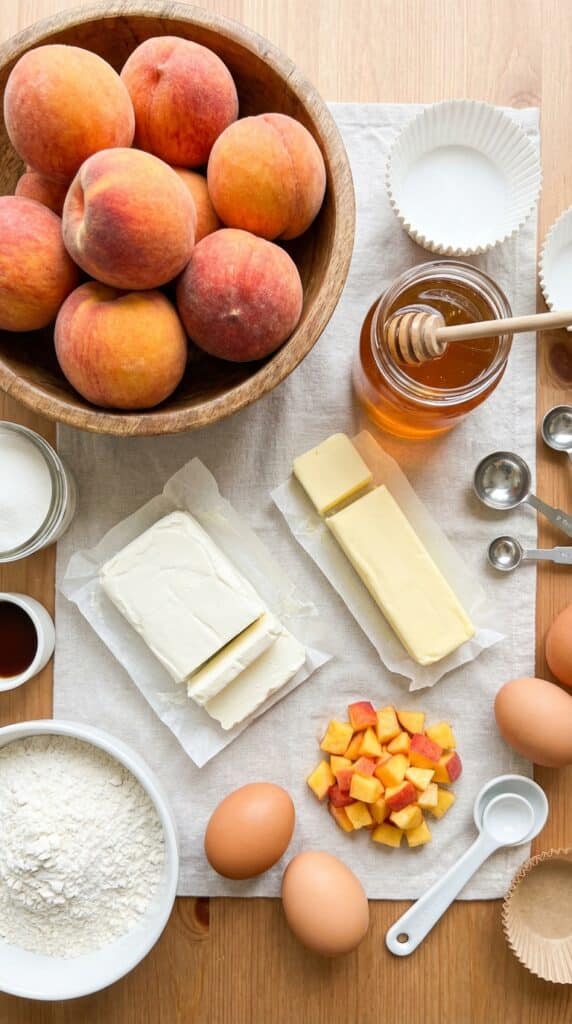 A flat lay showing fresh whole and diced peaches, a jar of honey with a dipper, cream cheese, butter, eggs, and flour on a linen cloth.