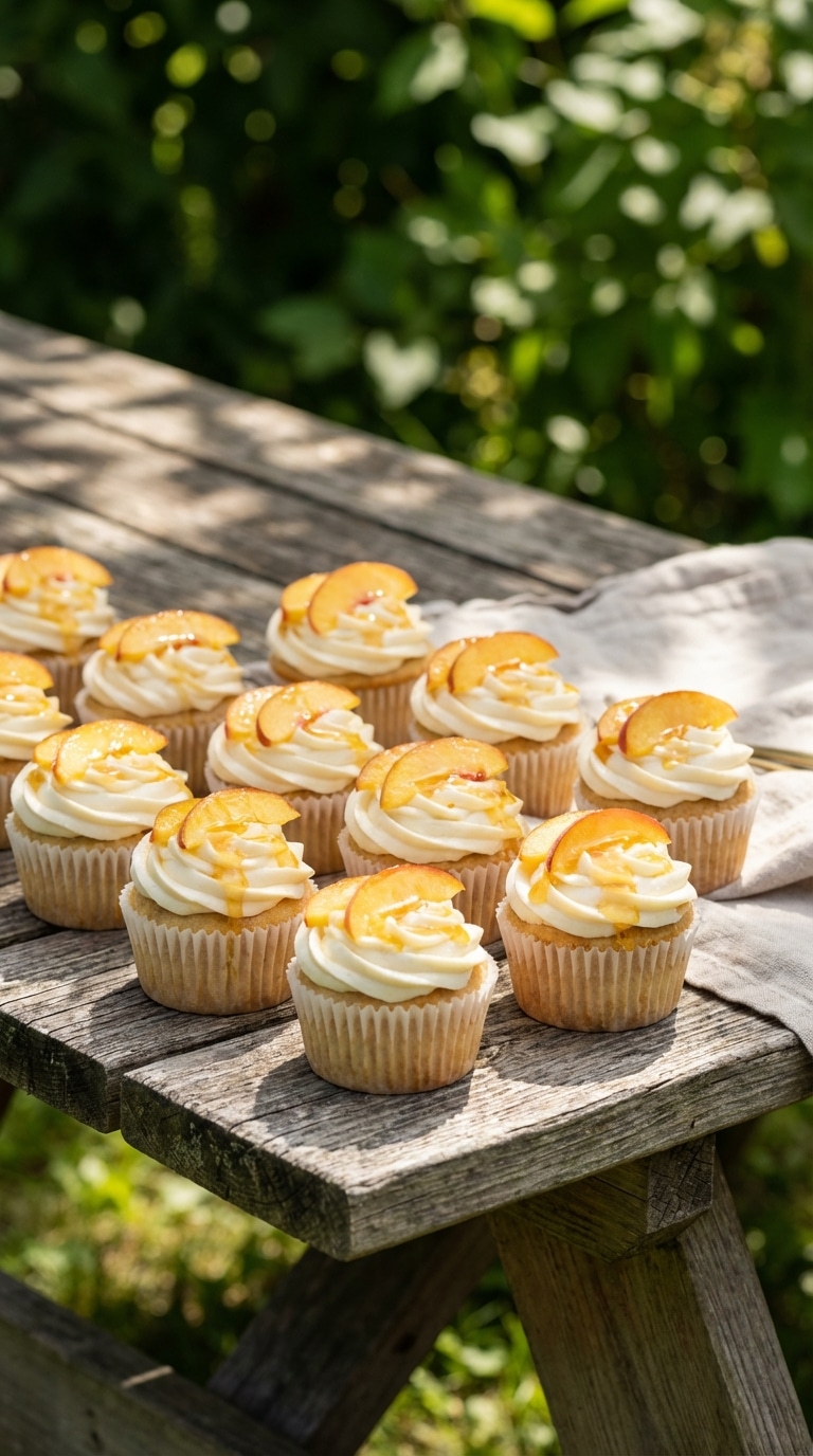 A batch of frosted cupcakes on a wooden table, topped with fresh peach slices and a drizzle of honey in bright summer sunlight.