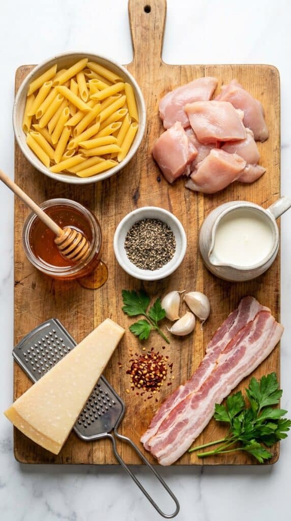 A flat lay showing dry penne pasta, raw chicken, honey, black peppercorns, heavy cream, parmesan, and bacon on a wooden board.