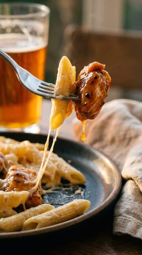 A close-up of a fork holding a piece of creamy penne pasta and a bite of sticky honey pepper chicken, with a cheese pull.