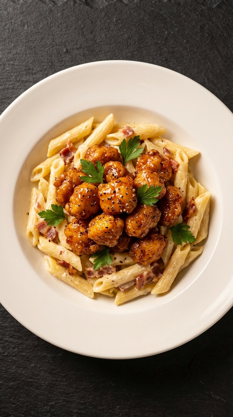 A bowl of creamy penne pasta topped with crispy fried chicken tossed in a glossy honey and black pepper glaze, garnished with bacon and parsley.
