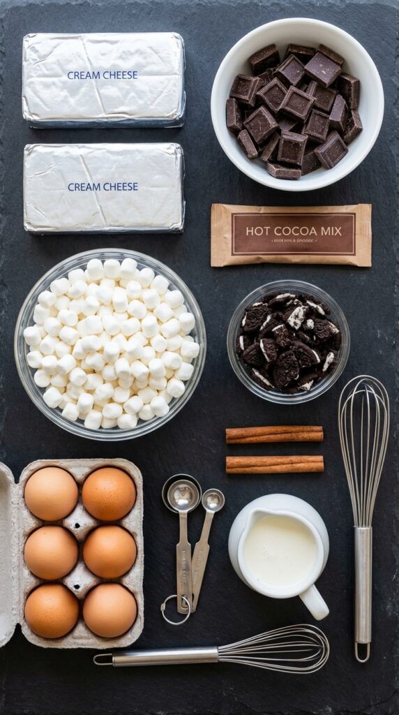 A flat lay showing cream cheese, chocolate chunks, hot cocoa powder, mini marshmallows, Oreo crumbs, and eggs on a dark board.