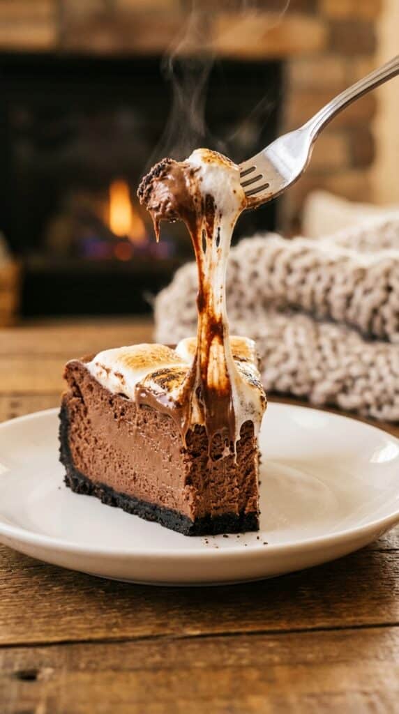 A close-up of a slice of chocolate cheesecake with a fork pulling away a bite of gooey toasted marshmallow topping.