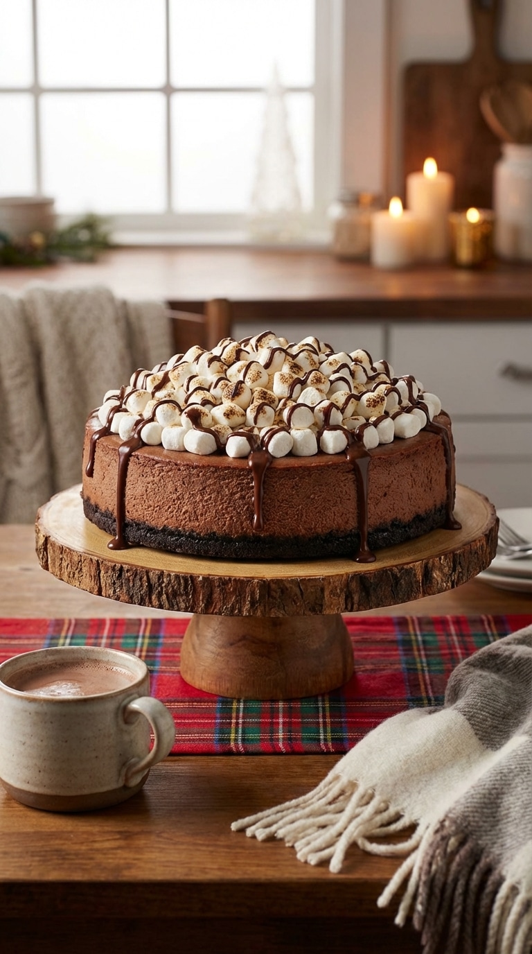 A whole chocolate cheesecake topped with toasted marshmallows and chocolate drizzle on a wooden stand.