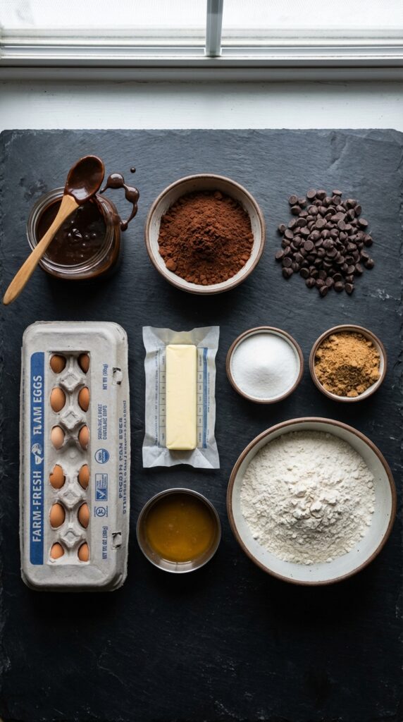 A flat lay showing cocoa powder, chocolate chips, a jar of hot fudge, butter, eggs, sugar, and flour on a dark slate board.