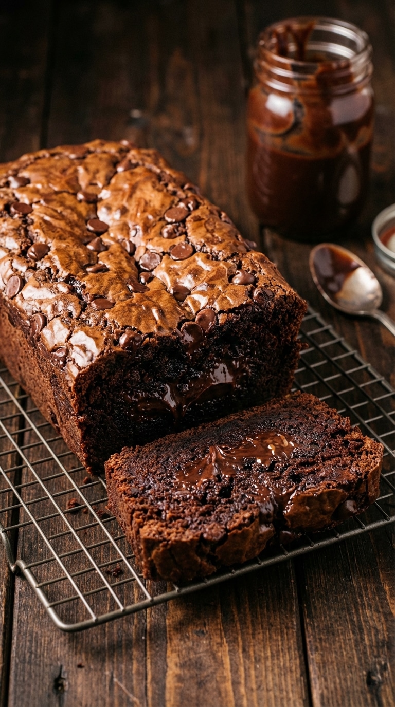 A loaf of dark chocolate brownie bread on a wire rack with one slice cut out, showing gooey hot fudge swirls inside.