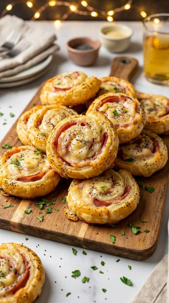 A close-up of hands pulling apart a hot ham and cheese pastry pinwheel, showing a gooey melted cheese stretch.