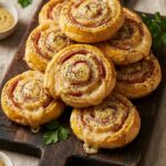 A top-down view of a baking sheet filled with golden baked ham and cheese pastry pinwheels, brushed with poppy seeds, with pickle spears on the side.