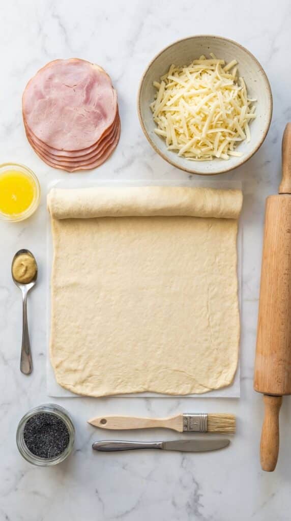 A flat lay showing crescent dough, sliced ham, Swiss cheese, butter, Dijon mustard, poppy seeds, and a dill pickle on a dark slate board.