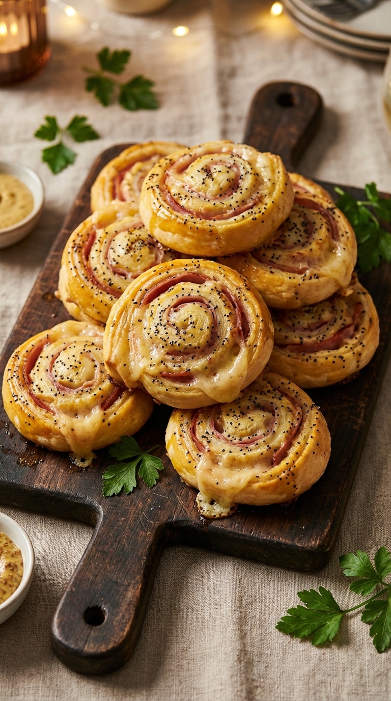 A top-down view of a baking sheet filled with golden baked ham and cheese pastry pinwheels, brushed with poppy seeds, with pickle spears on the side.