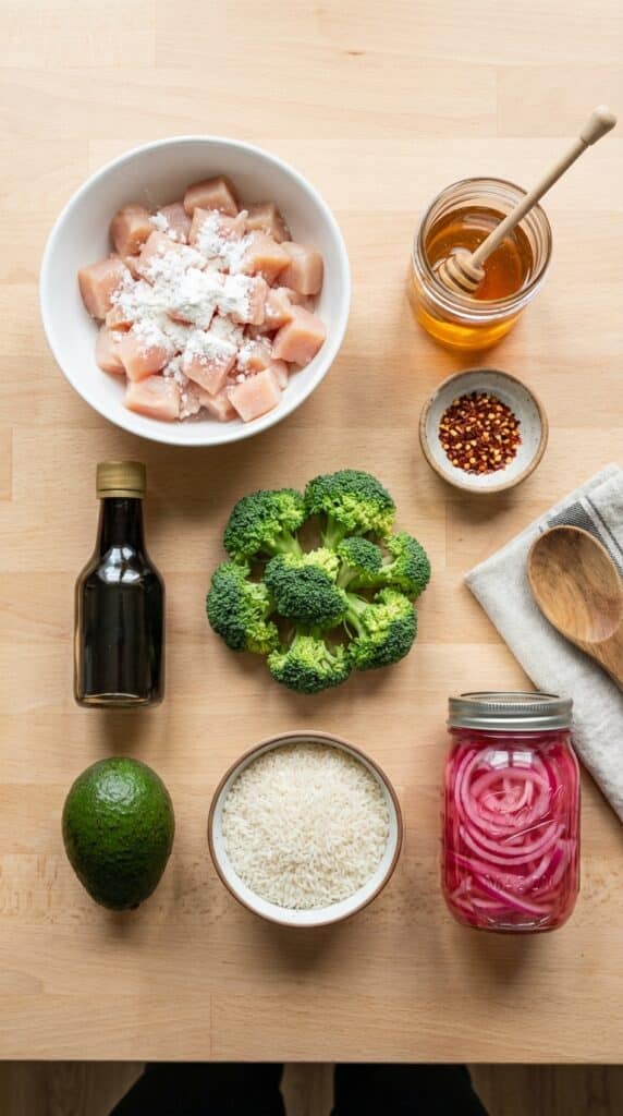 A flat lay view showing raw chicken, honey, red pepper flakes, soy sauce, broccoli, avocado, rice, and a jar of pickling red onions on a wooden board.