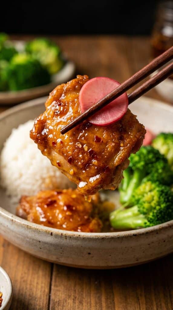 A close-up of wooden chopsticks holding a piece of glossy, sticky hot honey chicken and a pink pickled onion slice over a bowl of rice and vegetables.