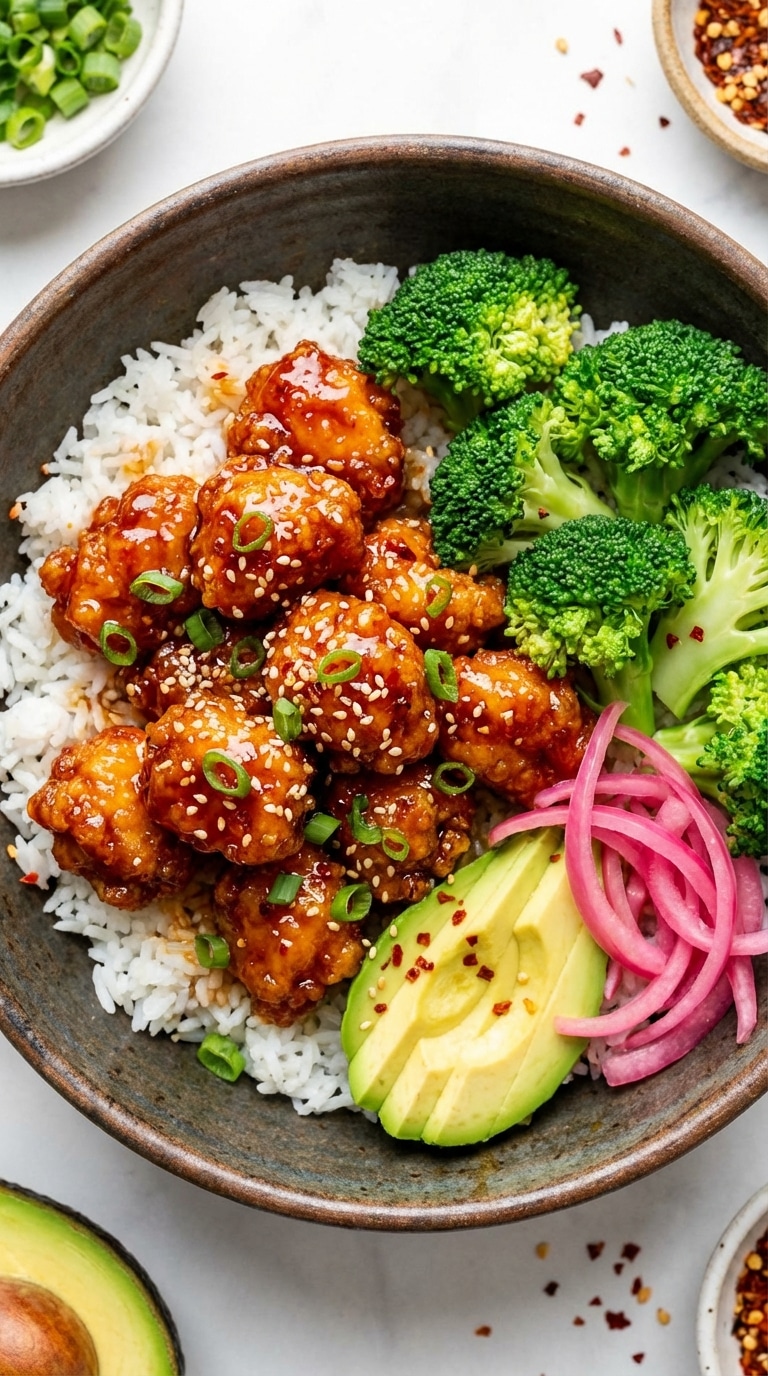 A dark ceramic bowl filled with white rice, green broccoli, sliced avocado, bright pink pickled onions, and crispy chicken coated in a shiny hot honey sauce, topped with sesame seeds.