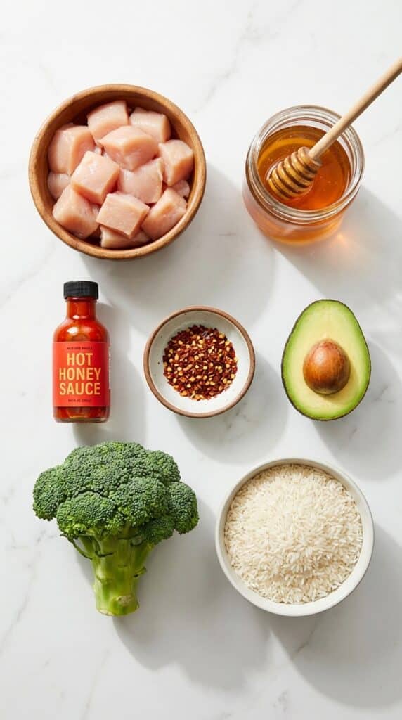 A flat lay showing raw chicken cubes, honey dripping from a dipper, hot sauce, avocado, broccoli, and rice on a marble board.