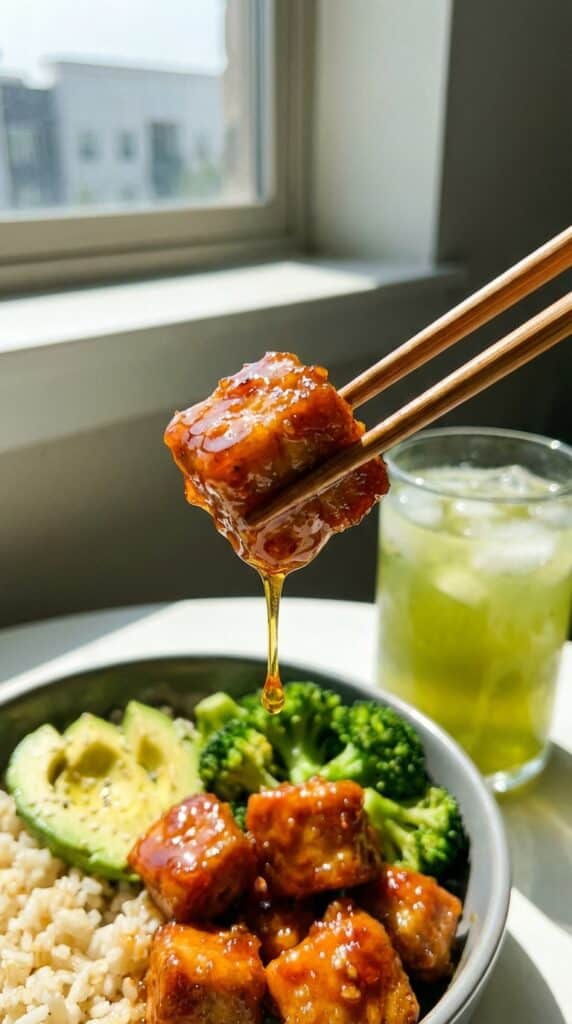 A close-up of chopsticks lifting a piece of shiny, sticky hot honey chicken from a bowl, with a drip of honey falling from it.