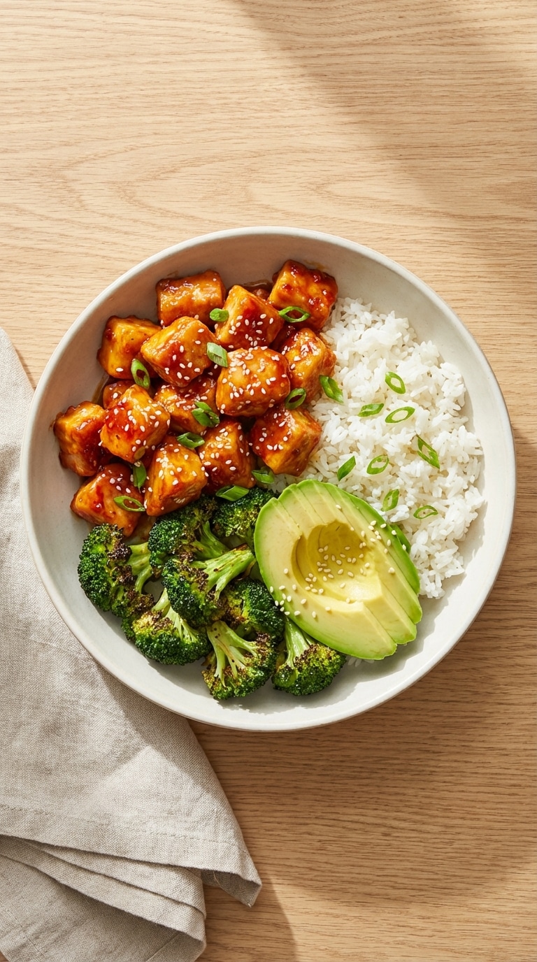 A top-down view of a healthy bowl filled with rice, roasted broccoli, sliced avocado, and sticky hot honey glazed chicken.
