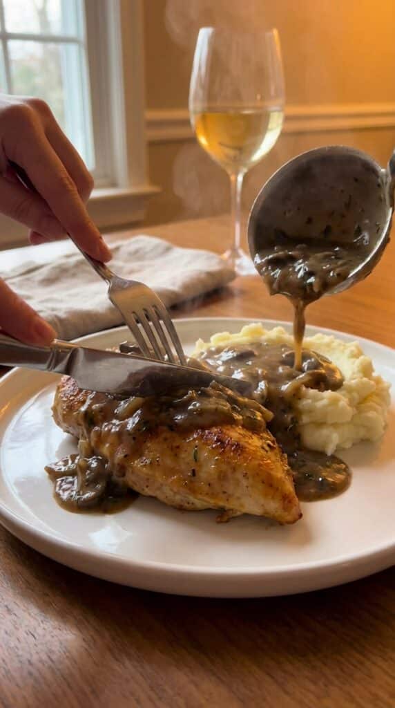 A close-up of a knife cutting into a piece of smothered chicken served over creamy mashed potatoes, covered in rich onion gravy.
