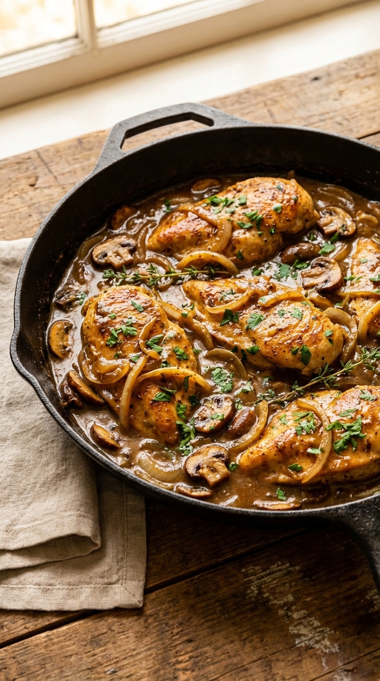 A top-down view of a cast-iron skillet filled with golden chicken breasts smothered in a rich brown mushroom and onion gravy.