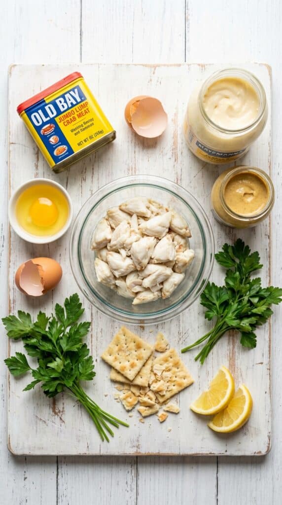 A flat lay showing a bowl of jumbo lump crab meat, Old Bay seasoning, mayonnaise, egg, mustard, parsley, and saltines on a white wooden board.