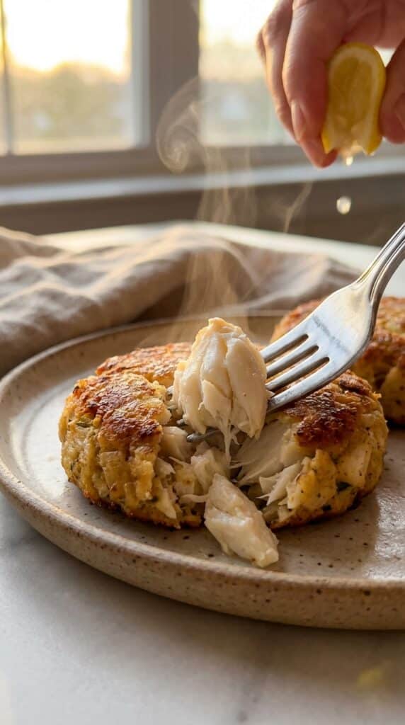 A close-up of a fork breaking into a golden crab cake, revealing huge chunks of white crab meat inside, with a lemon being squeezed in the background.