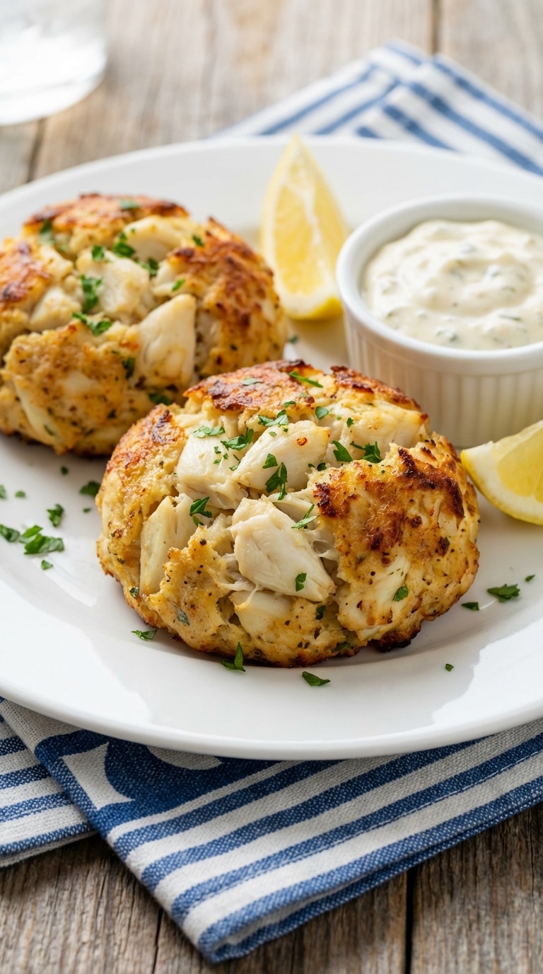 A close-up of two golden-brown jumbo lump crab cakes on a plate with a lemon wedge and tartar sauce. Social Caption: This is why I