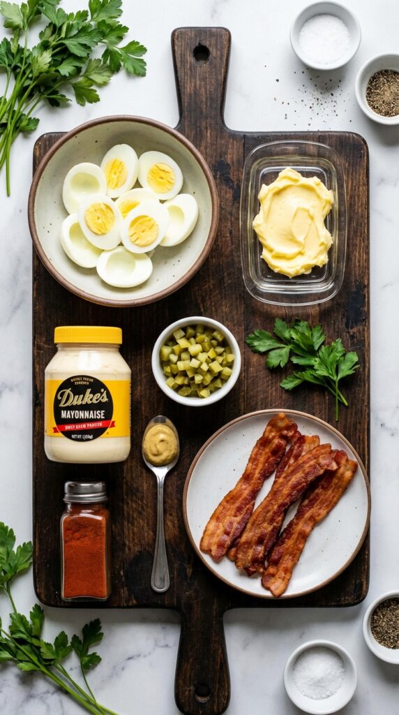 A flat lay showing hard-boiled egg halves, butter, mayonnaise, diced pickles, mustard, paprika, and crispy bacon on a dark wooden board.