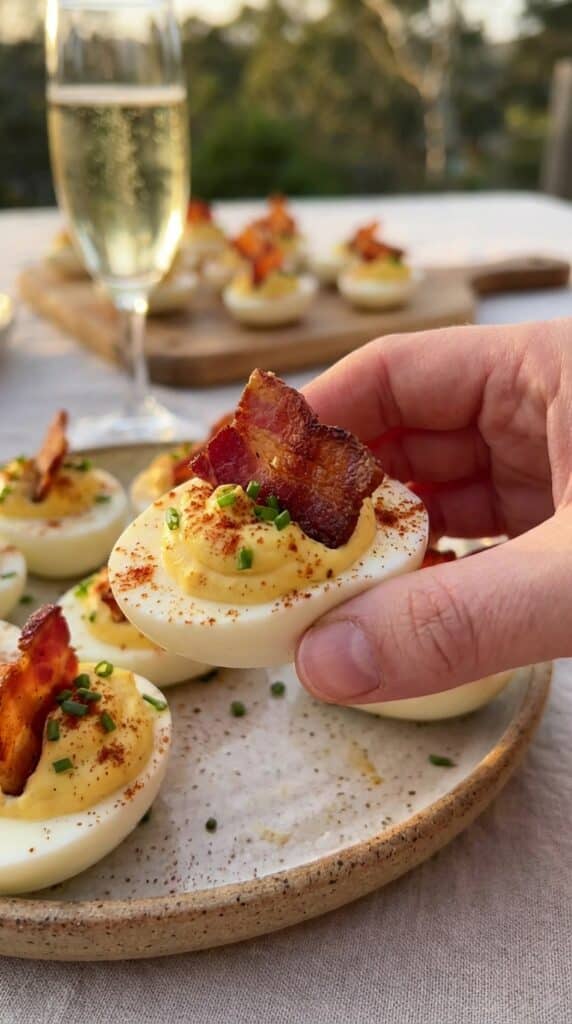 A close-up of a hand picking up a single deviled egg topped with bacon and paprika, with sparkling wine in the blurred background.
