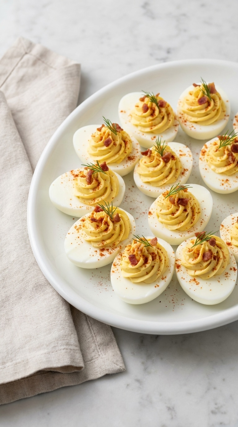 A white ceramic platter filled with elegantly piped deviled eggs, garnished with paprika, fresh dill, and crispy bacon crumbles on a marble counter.