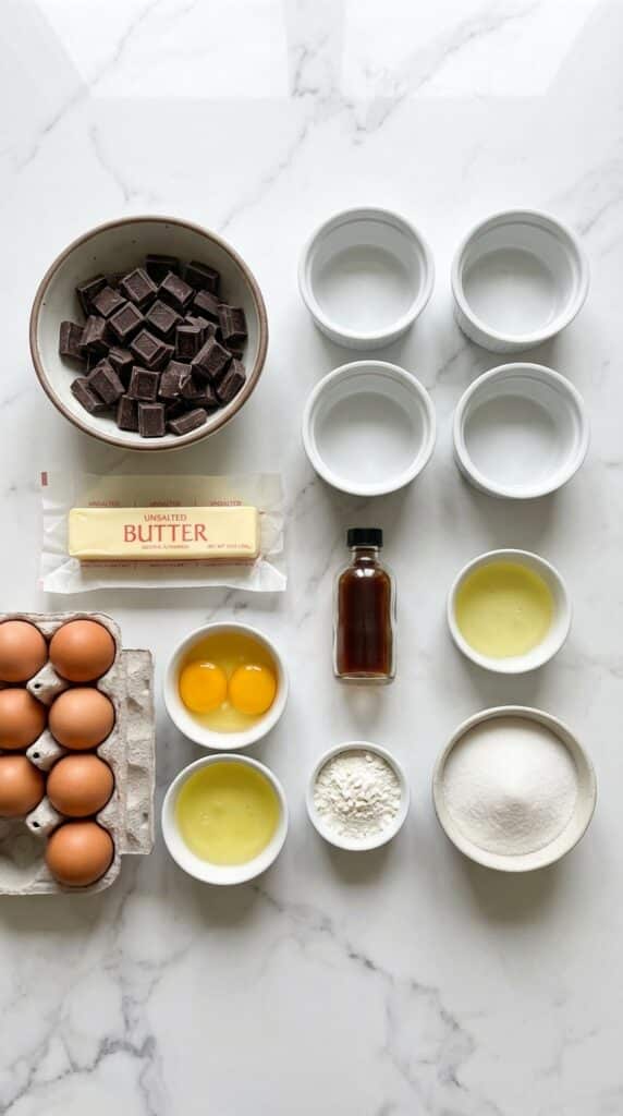 A flat lay showing dark chocolate chunks, butter, eggs, egg yolks, flour, sugar, and ceramic ramekins on a marble counter.
