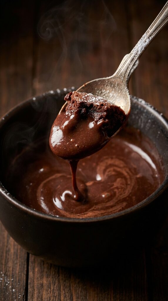A macro close-up of a spoon holding a bite of baked chocolate cake dripping with hot molten chocolate fudge.