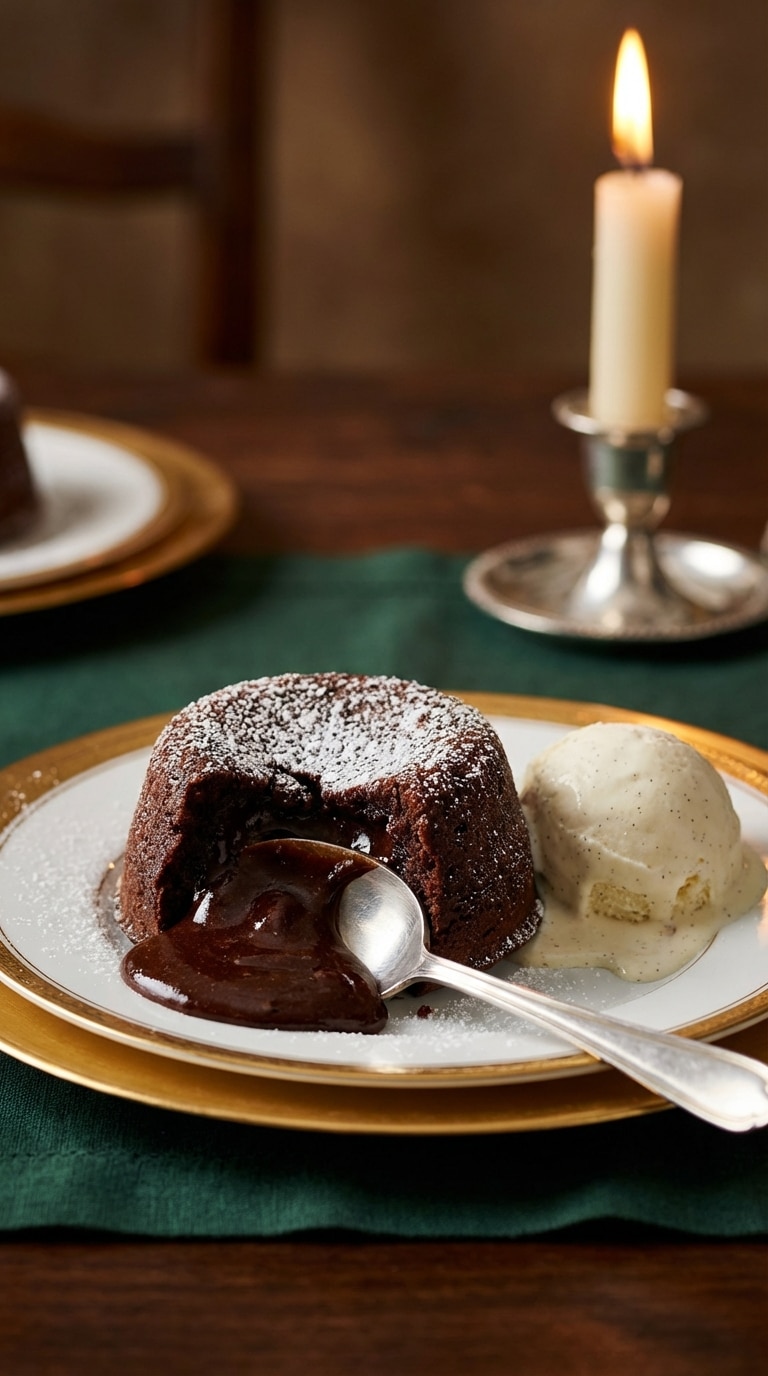 A close-up of a chocolate lava cake broken open with gooey melted chocolate pouring out, served with vanilla ice cream.