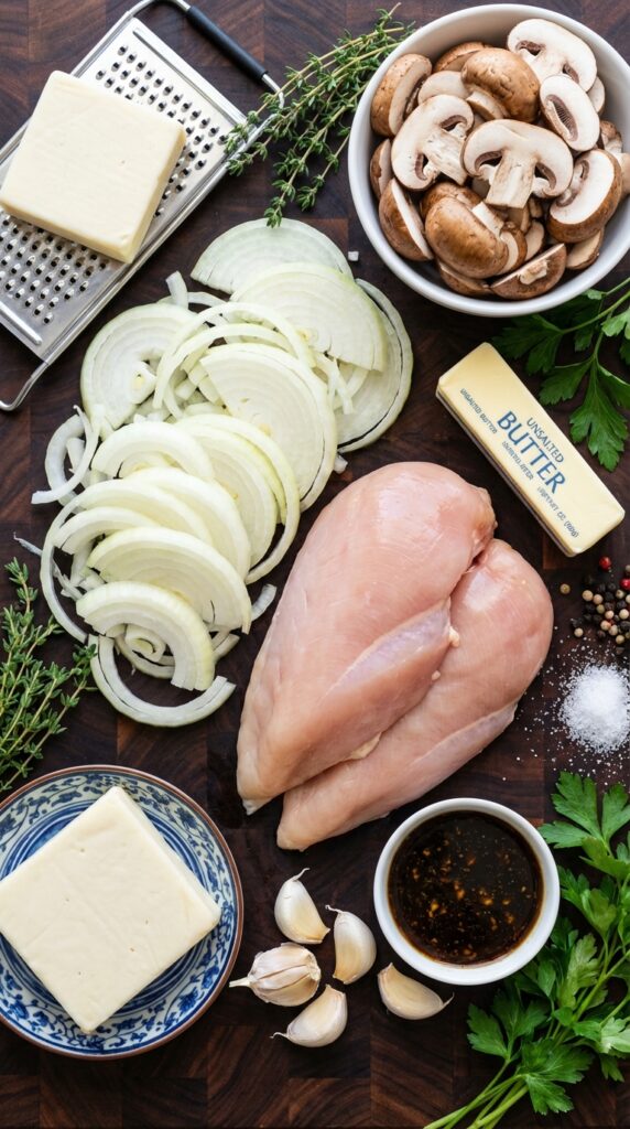 A flat lay showing raw chicken breasts, sliced onions, brown mushrooms, a block of Monterey Jack cheese, butter, garlic, and marinade on a dark wooden board.