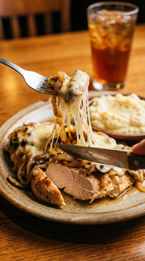 A close-up of a fork cutting into a cheesy smothered chicken breast, stretching the melted Monterey Jack cheese, with mashed potatoes in the background.