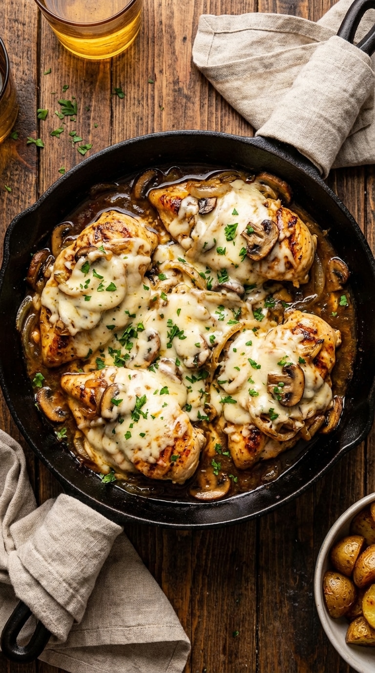 A cast iron skillet filled with grilled chicken breasts smothered in caramelized onions, mushrooms, and bubbly melted Monterey Jack cheese.
